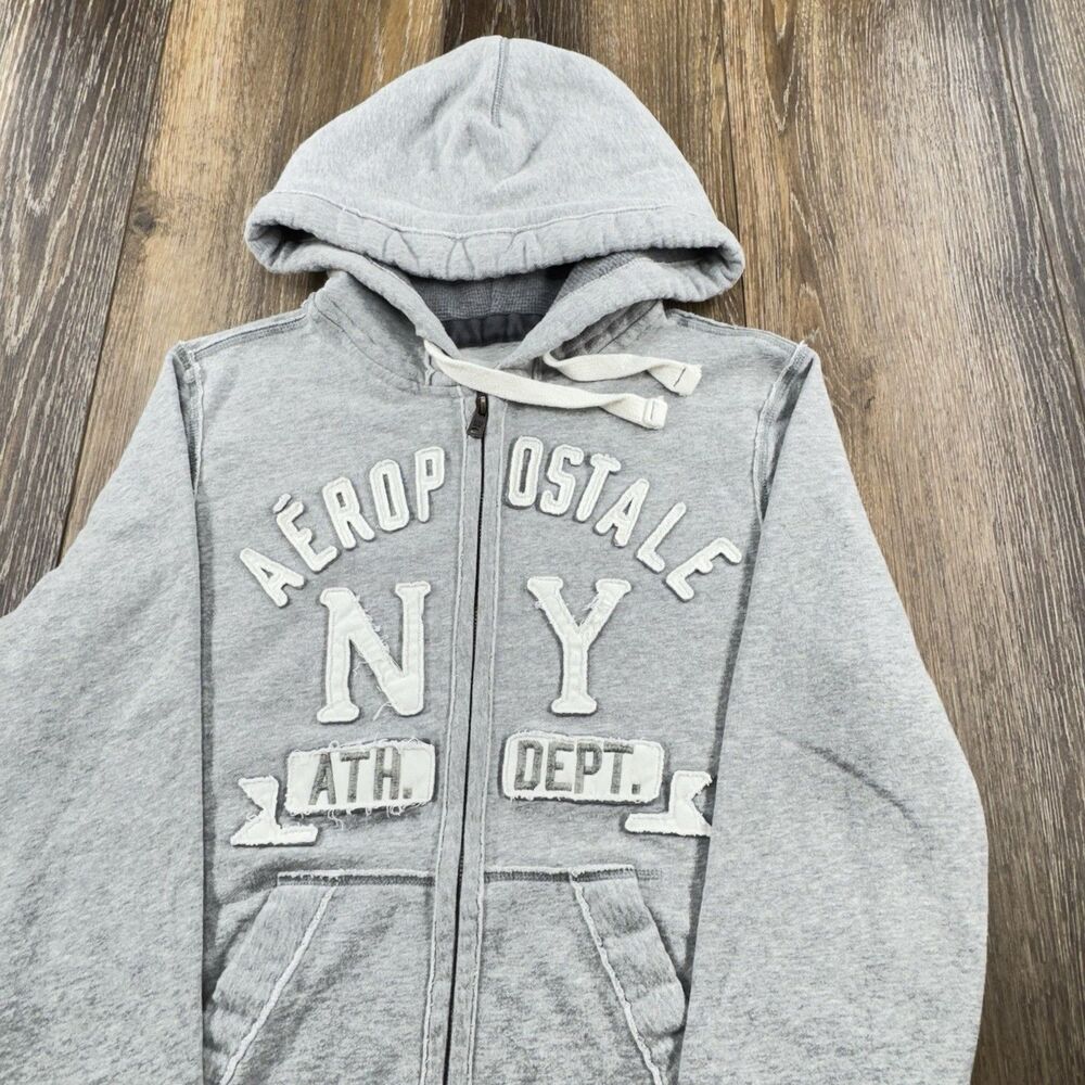 Vintage Aeropostale Hoodie Mens M Gray Sweatshirt Thick Heavy Y2K Zip Up Sweater
